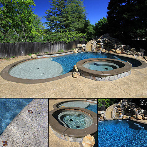 StoneScapes Tropics Blue Touch of Glass Pool Finish, Sand Touch of Glass shelf, and JewelScapes Citrine Spa