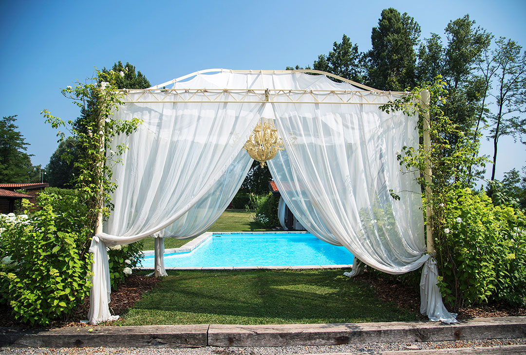 Fabric-Draped Pavilion | Poolside Accessories | Outdoor Living Area