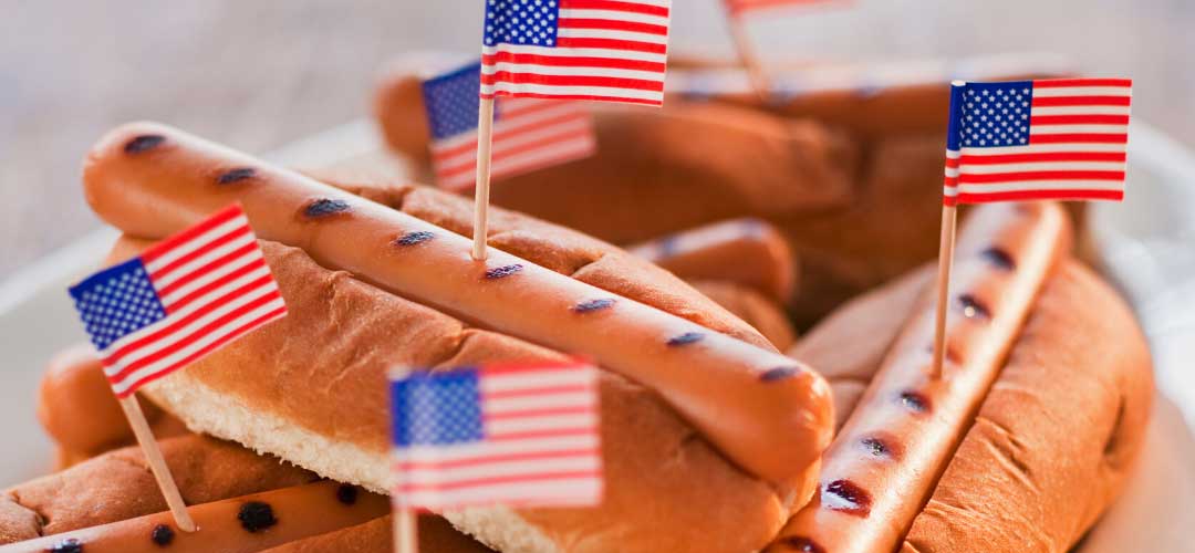 Hamburger Hot Dog with Small USA Flag, Backyard Family Staycations