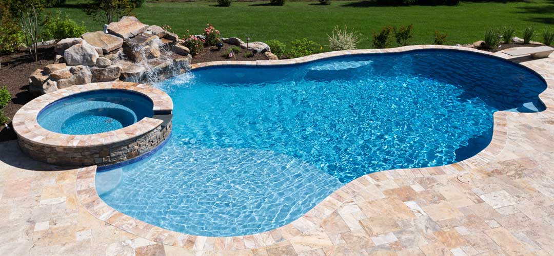 Turquoise Finish Backyard Pool with Spa, Outdoor Living