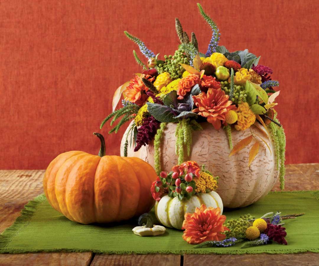 Carve Center Pumpkin with Flowers, Fall Centerpiece