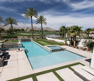 Glam - Rectangular Pool with Cream Pavers and Outdoor Furniture