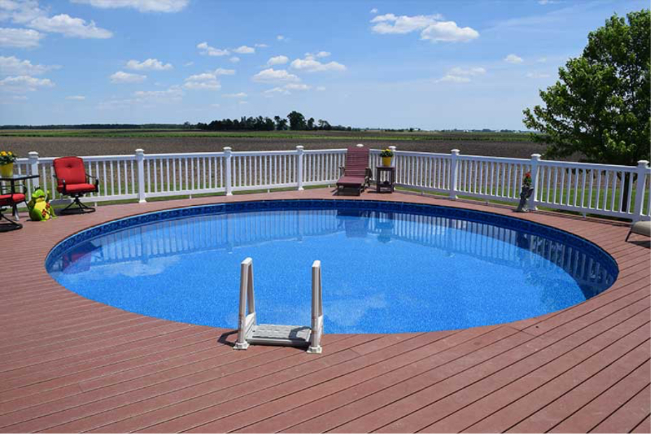 Above ground swimming pool with wooden deck