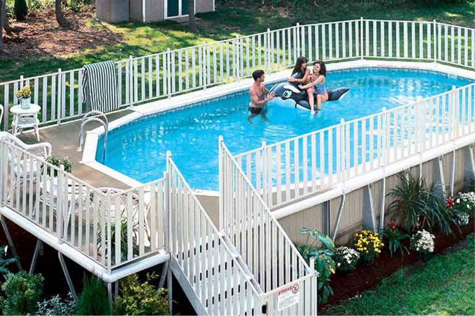 Above ground swimming pool with deck